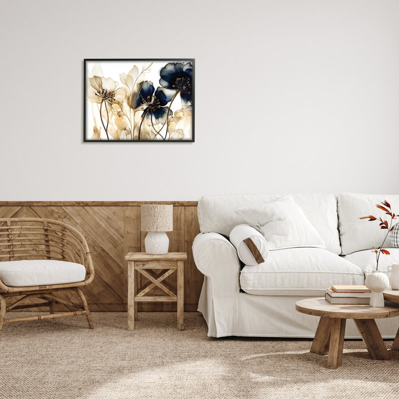 Marine et fleurs dorées sur toile, impression, H 24 po x l 30 po x P 1,5 po, Giclée encadrée noir minuit