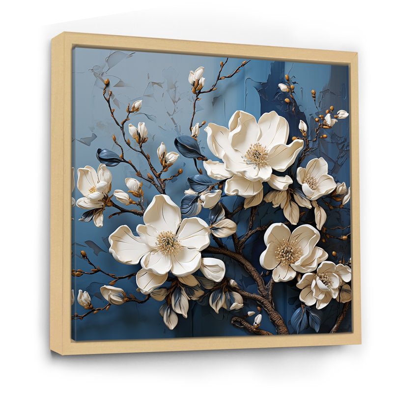 «Blue and White Magnolia Blooming I - Magnolias», reproduction sur toile, Cadre naturel flottant, 30" H x 30" W