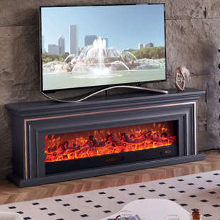 Foyer chauffant avec meuble télé en bois massif et gris Drak