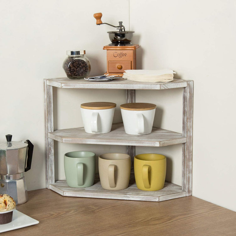 Solid Wood Kitchen Corner Shelf With 3 Tier Storage, Rustic Brown Washed Spice Rack And Condiment Organizer For Counter Top