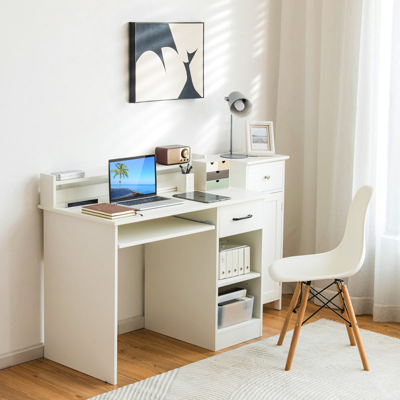 Small Computer Desk with Hutch and Keyboard Tray, 1 Drawer and 2 Adjustable Storage Shelf, White