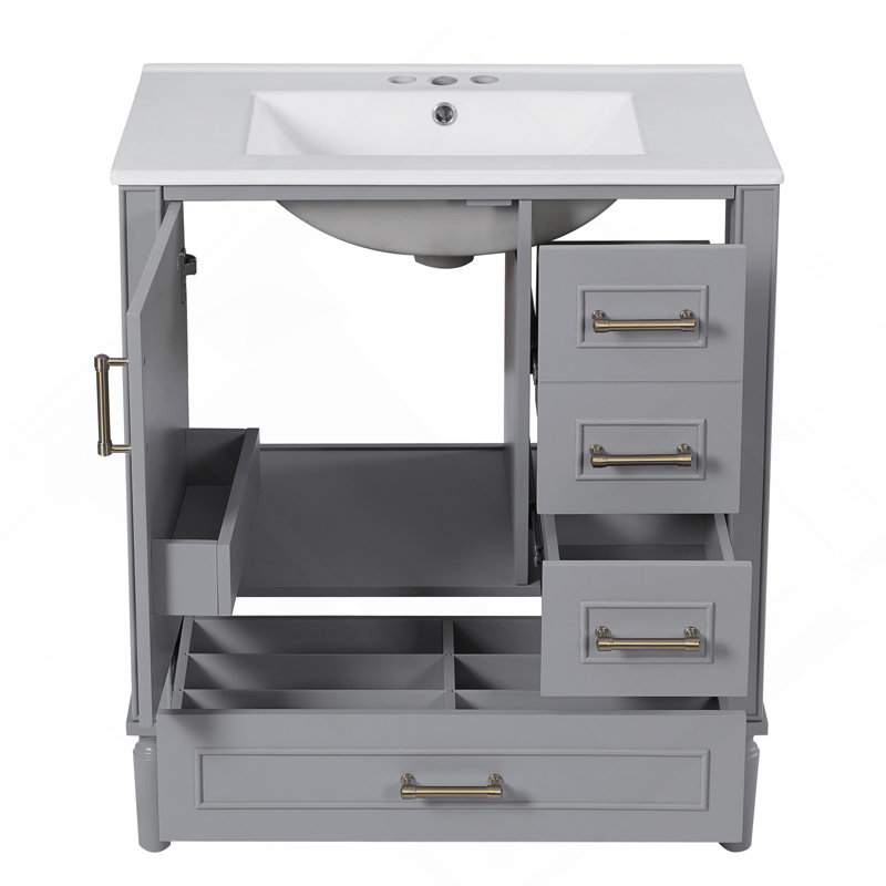 Meuble-lavabo de 30 po avec lavabo en céramique, porte à fermeture en douceur avec tablette intégrée, tiroir profond, tiroir standard, grand tiroir et armoire de rangement pour la salle de bain