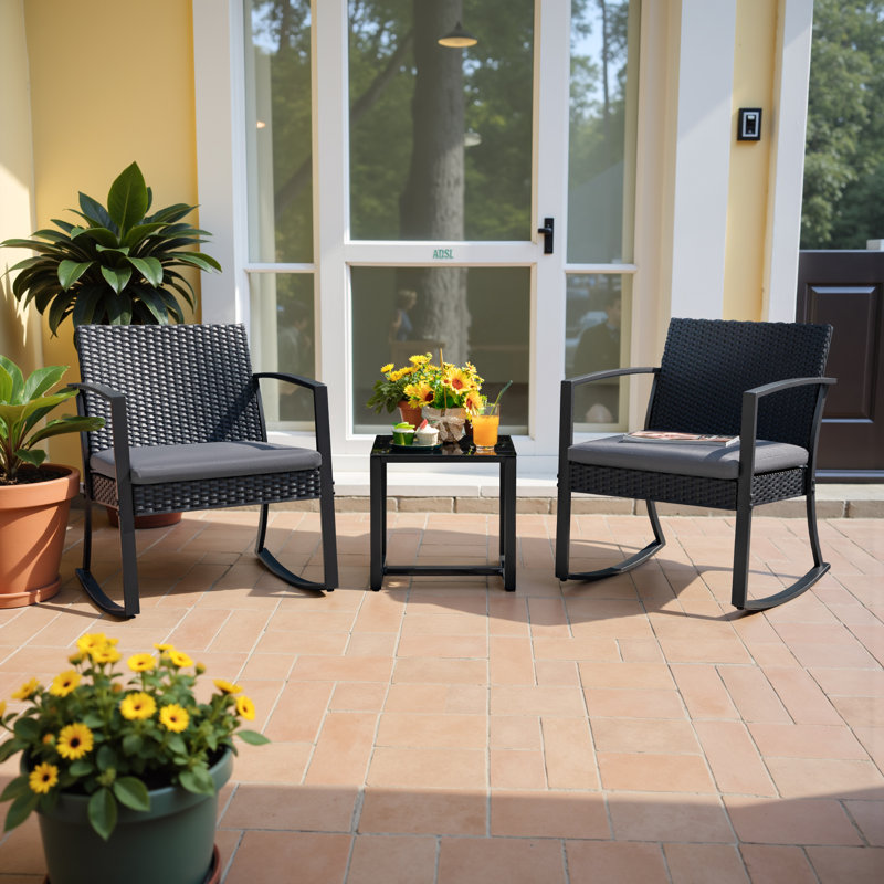 2-person Outdoor Resin Rocking Chair Set With Tempered Glass Table & Cushions, Dining Set For Outdoor Living, Gray