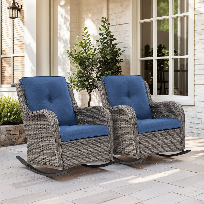 Ensemble de chaises berçantes d'extérieur en osier avec coussins 2 pièces Dahlyla, Bleu, Gris