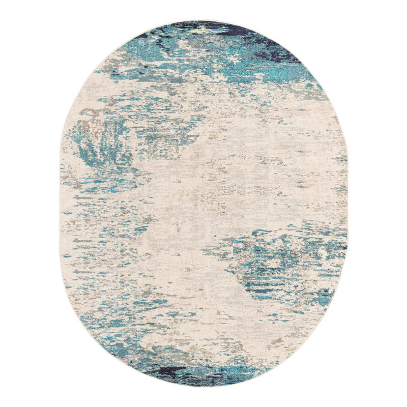 Tapis abstrait beige / bleu, Ovale 7 pi 1 po x 10 pi