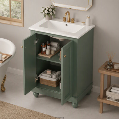 Meuble-lavabo moderne de 24 po de conception simple et élégante avec rangement à fermeture en douceur, tablette réglable, meuble-lavabo avec lavabo en céramique