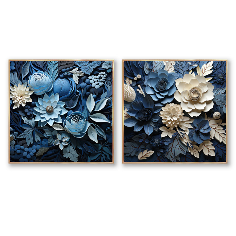 Blue Flower Crafted Delights - Ensemble de 2 collages floraux carrés, Cadre flottant doré, H 36 po x l 73 po