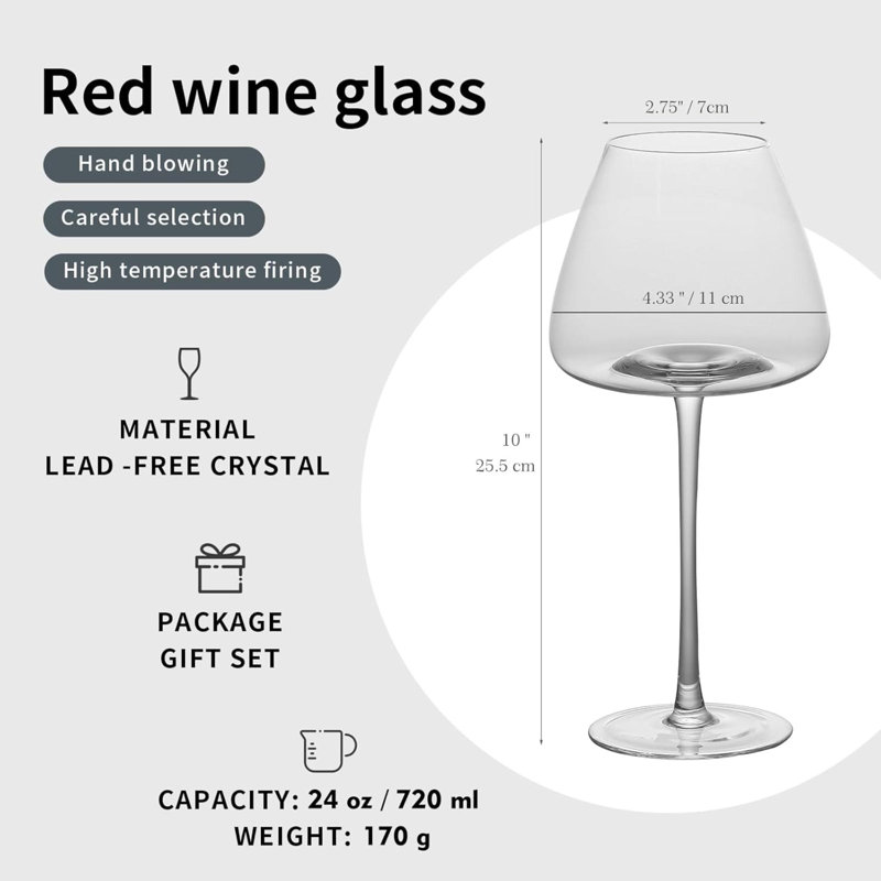 Verres à vin en cristal rouge, longue tige de 24 oz, ensemble de 2 avec boîte-cadeau (grand)