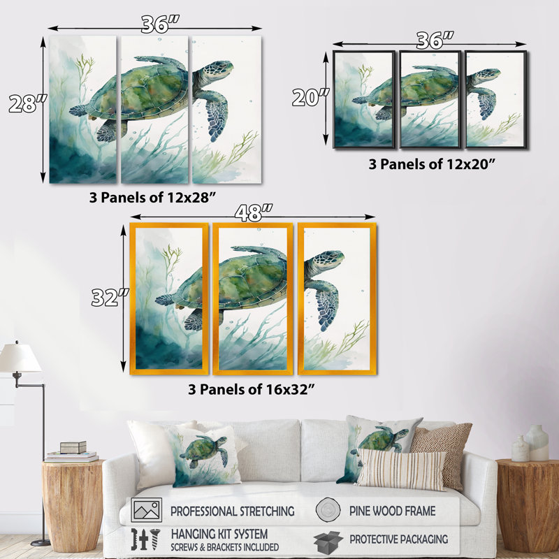 Tortue aquarelle nageant II - 3 pièces sur toile, Toile à cadre flottant noir, H 28 po x l 36 po x P 1 po