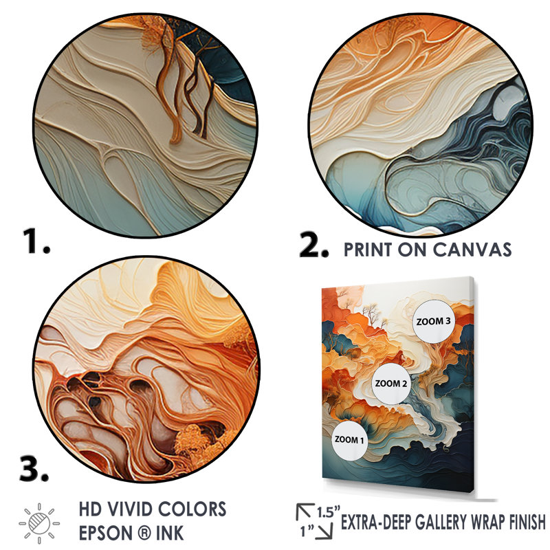 «Abstract Orange and Blue River Ink I», reproduction d'art sur toile abstraite en marbre, H 32 po x l 24 po