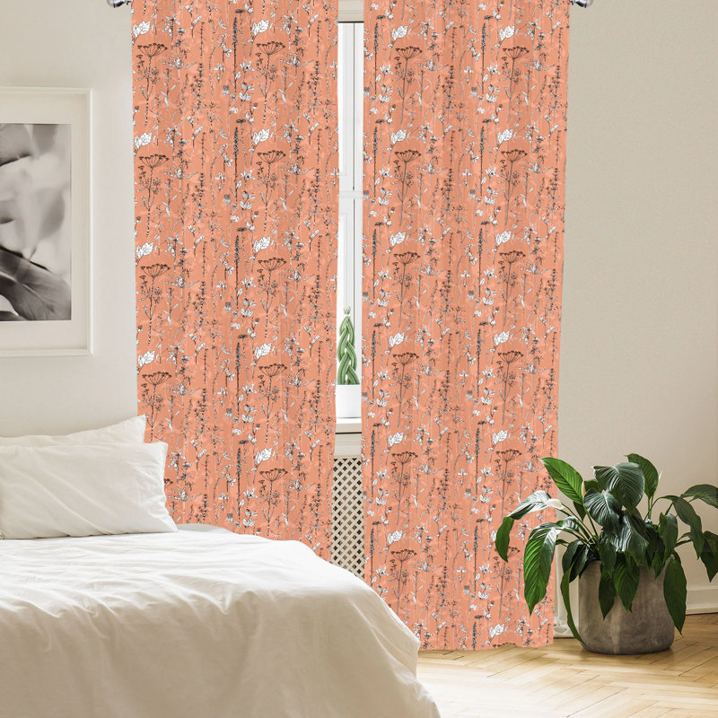 Salmon Floral Print Room-Darkening Polyester Curtain Panels, 28" x 63"
