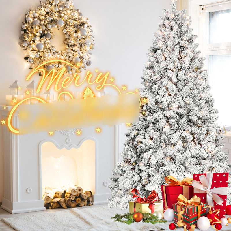 Arbre de Noël de 8 pi au look floqué, 700 lumières Ul, 54 pin naturel, feuillage, 1754 pointes, conception à charnières, support en métal stable pour atmosphère muni de branches enneigées, structure, base