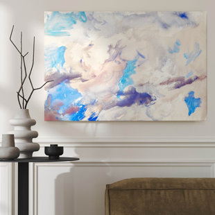 Framed Canvas Wall Art, Abstract watercolor blend of blues, whites, and soft pinks, Fluid Art style. Wall Decor, Large Artwork for Living Room Bedroom, Ready to Hang, 24x36 Inch