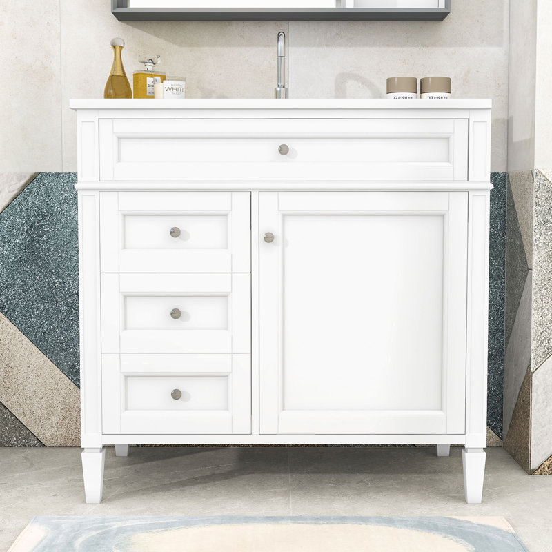 Dzenan Wood Bathroom Vanity with Sink, Cabinet with Adjustable Shelves and Soft-Close Drawers, White