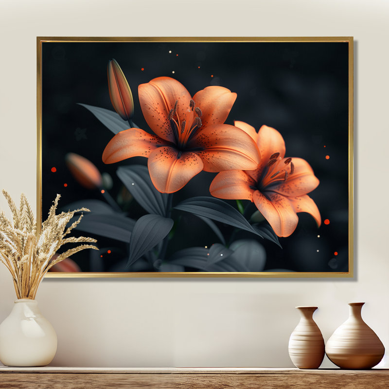 Orange orange, lis noir, printemps I, reproduction d'art mural, H 30 po x l 40 po, Cadre flottant doré