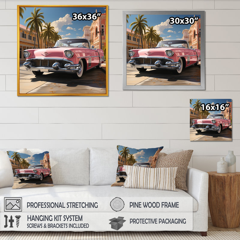Voiture rétro classique rétro sur toile rose, Cadre flottant blanc, 16" H x 16" W