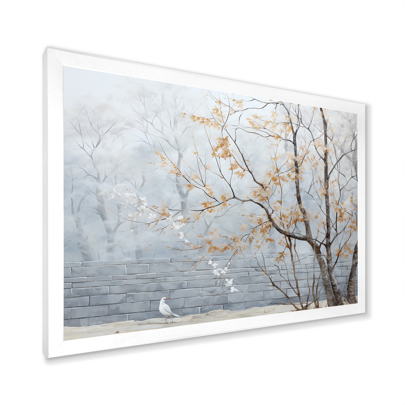Minimalisme, arbre fleur gris - art mural cerisier en fleurs, Cadre de coin blanc fermé, H 12 po x l 20 po x P 1 po
