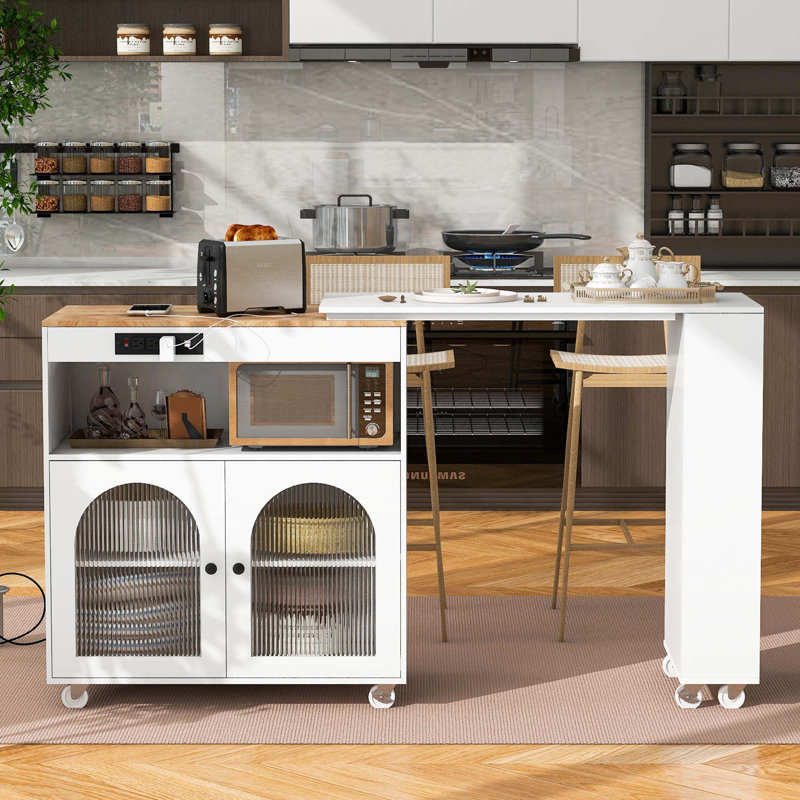 K&K Rolling Kitchen Island With Extended Table, Kitchen Island On Wheels With LED Lights,Power Outlets And 2 Fluted Glass Doors, Kitchen Island With A Storage Compartment And Side 3 Open Shelves,White