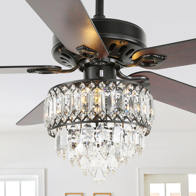 52" Modern Glam Crystal Ceiling Fan with Light and Remote Control, 6 Speeds Reversible Chandelier Ceiling Fan For Bedroom