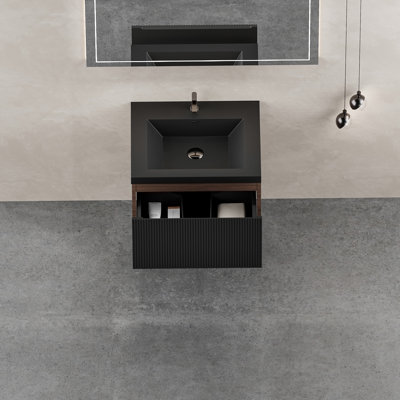 Ensemble de meuble-lavabo flottant avec lavabo, meuble de rangement mural moderne avec tiroir à fermeture en douceur, idéal pour les salles de bain compactes et fonctionnelles.