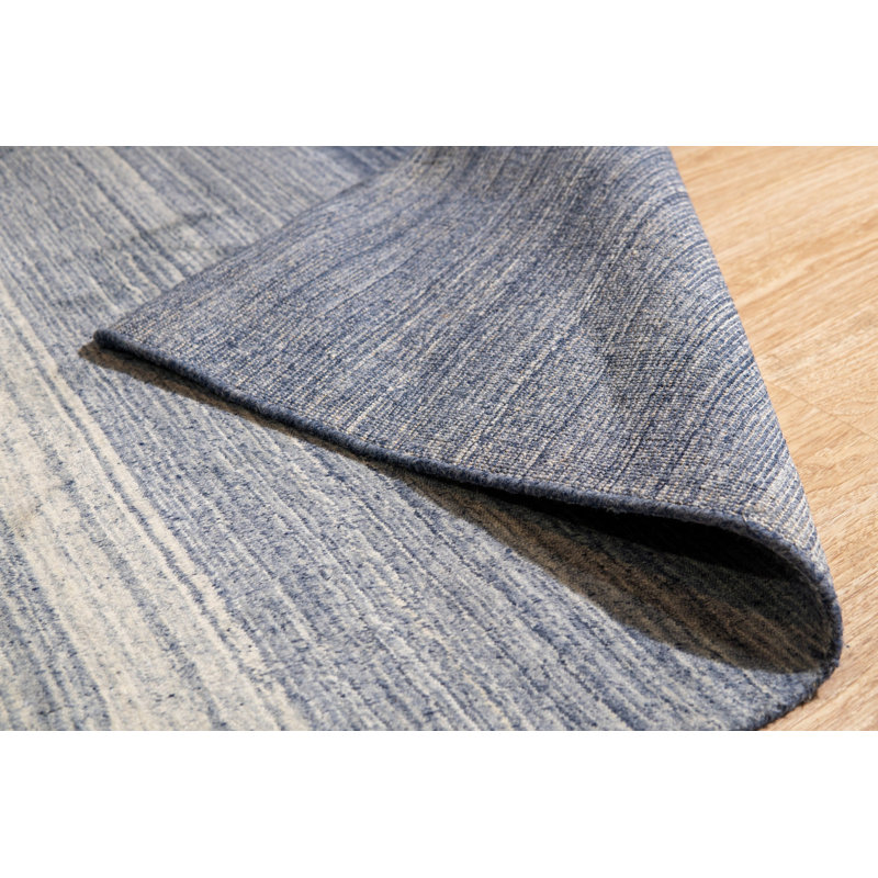 8x10 Blue Hand-Knotted Wool Subtle Ombre Stripes Modernist Contemporary Carpet Rug
