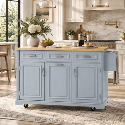 Valmere 64.6" Modern Farmhouse Kitchen Island with Tilt-Out Trash Storage and Power Outlet