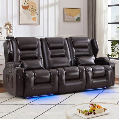 3 Seat Wall Hugger Power Reclining Sofa With Drop Down Console, LED Lights, USB Charging, Cup Holders For Living Room