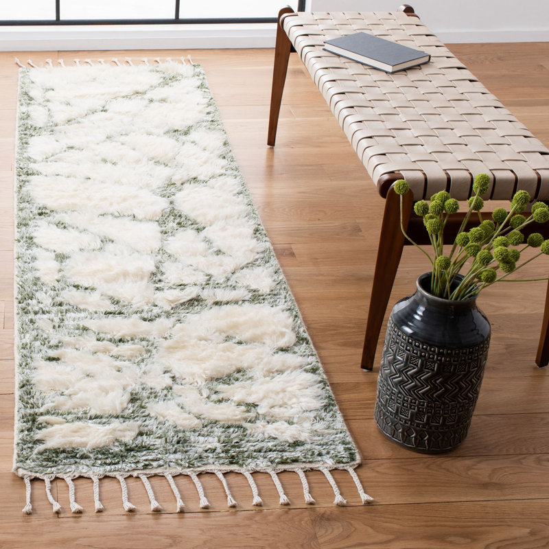 Tapis ivoire / sauge en laine noué à la main Dominico, Tapis de couloir 2 pi 3 po x 8 pi