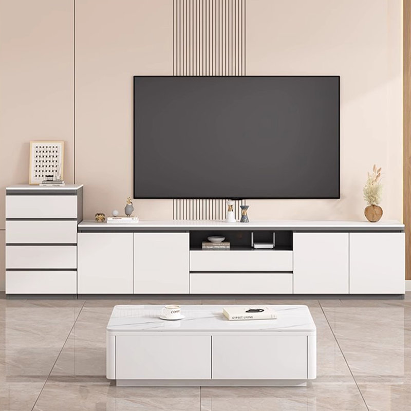 Meuble télé blanc en bois manufacturé, H 15,75 po x L 94,49 po x l 13,78 po