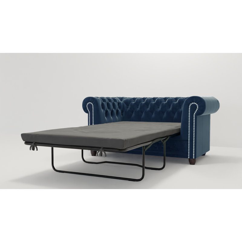 Chesterfield Hanna Sofa Set with Sleeping Function 3+2+1 Made of Velvet Fabric with Solid Wood Legs, Navy Blue