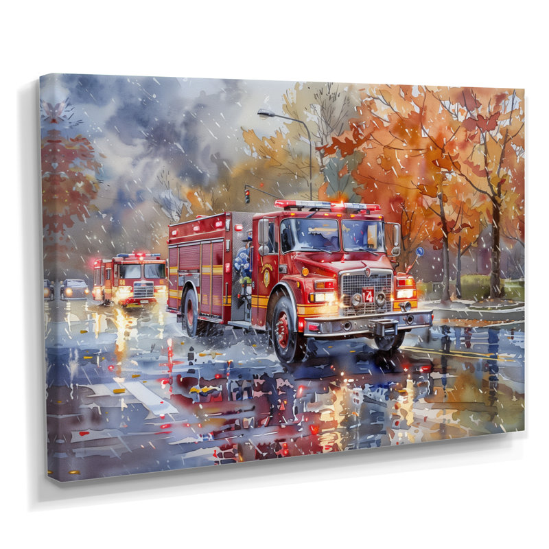 Camion de pompier rouge en automne, New York II, H 12 po x l 20 po x P 1 po, Toile tendue