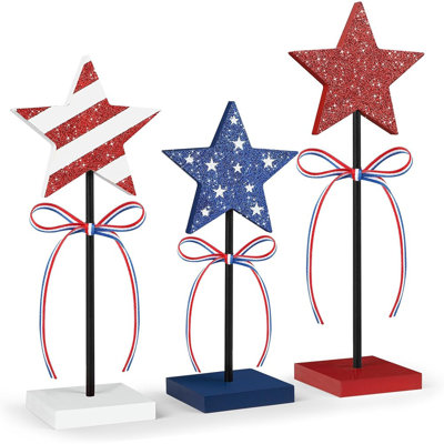 4th Of July Tiered Tray Decor Wooden Star Set, 3 Piece Patriotic Table Decorations, Rustic Red White And Blue Home Decor For Memorial Day And Independence Day