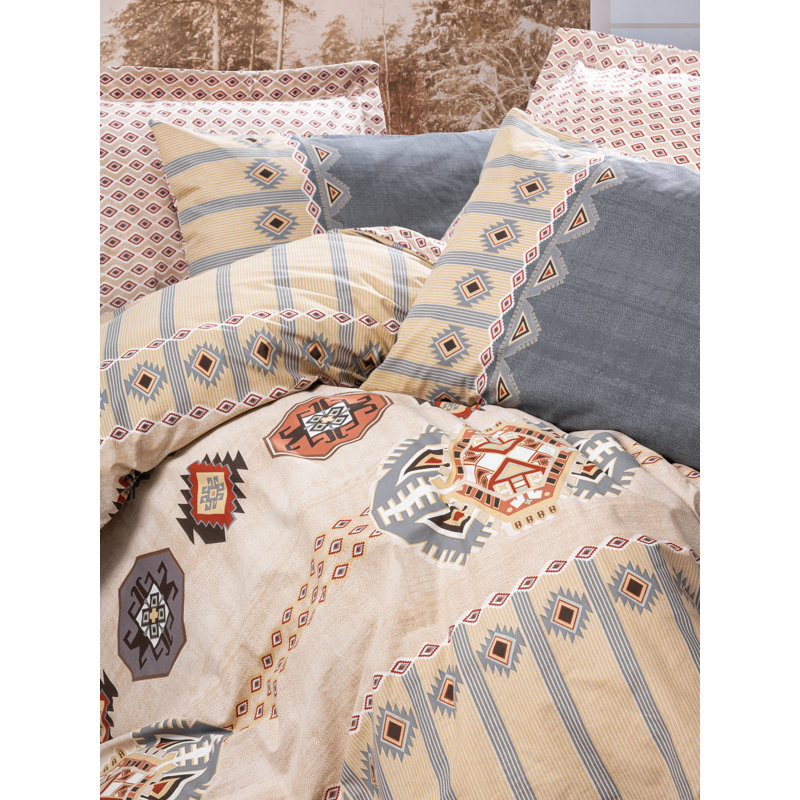 Ensemble de housse de courtepointe luxueuse simple XXL Ranforce, 61 x 87, 100% coton, gris, beige, orange et rouge | Lavable à la machine, 145 fils, fermeture à boutons pour couette et taie d'oreiller (1 pièce, 31,5 x 31,5) | Literie douce, durable et 