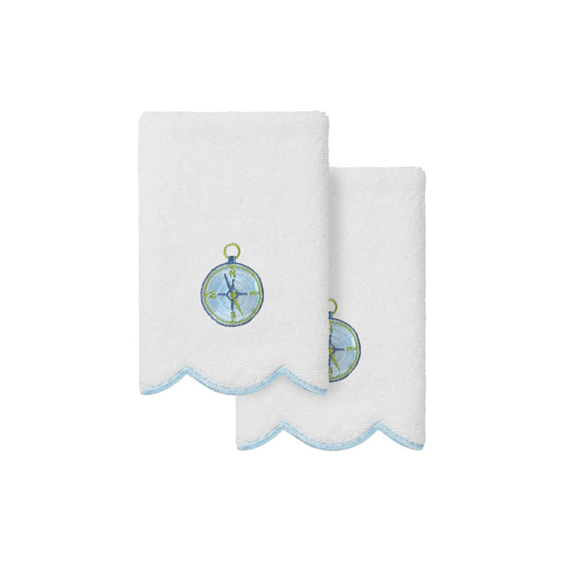  100% Turkish Cotton SEA JOY Scallop 2PC Embellished Fingertip Towel Set, Fingertip Towels - 2 Pack, White/Blue