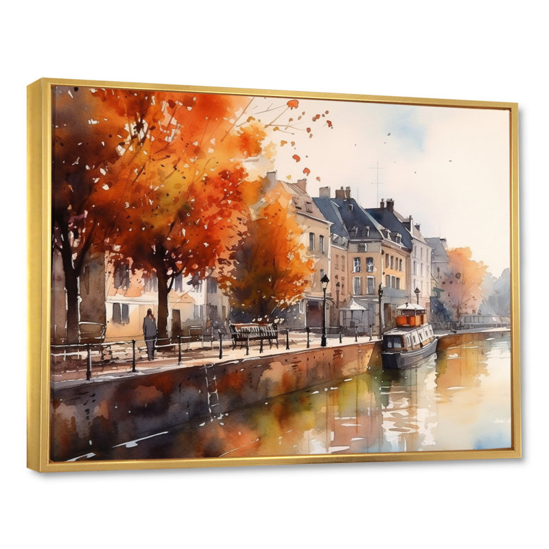 Lorenzia " Waterfront Cityscape I ", 16" H x 32" W x 1" D, Gold Floater Framed