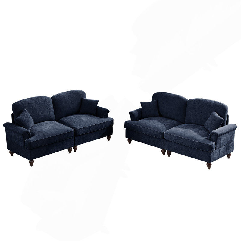 Ensemble de canapés modulaires classiques 2 pièces pour salon (fauteuil 2 places + causeuse 2 places) avec accoudoirs évasés et jupe à volants - Bleu