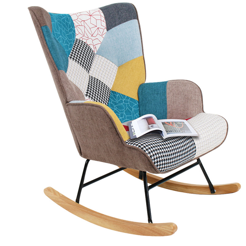 Chaise berçante en tissu, bois et lin, Multi-couleur