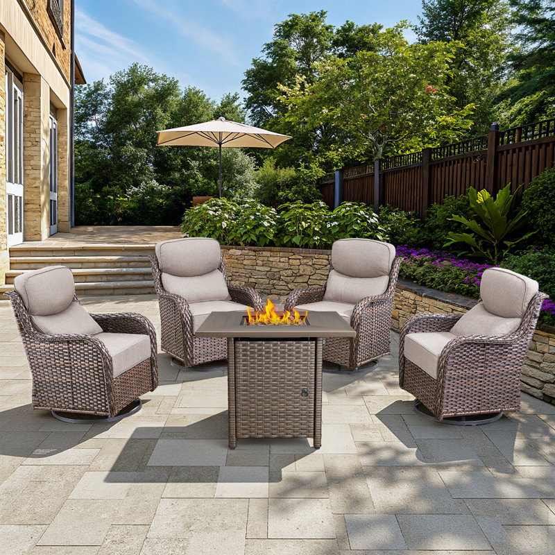 Ensemble de conversation de chaises berçantes pivotantes pour jardin extérieur avec table de foyer en osier, Beige, Brun