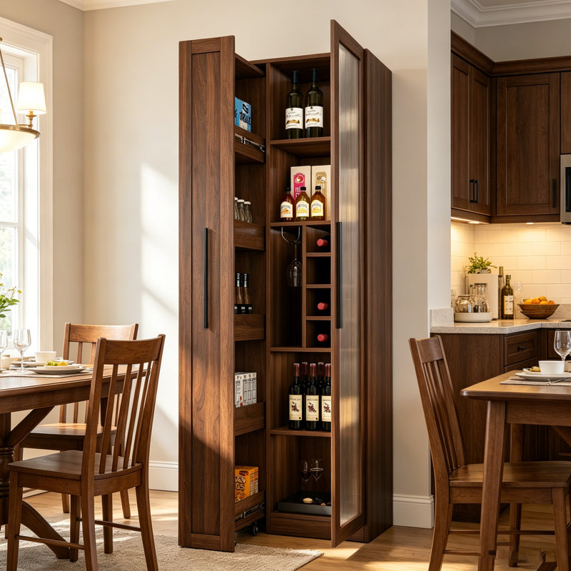 Tall Bar Cabinet With Multi-Functional Pull-Out Multi-Tier Storage Shelf,Wine Rack, Storage Cabinet With Glass Doors,Wheels