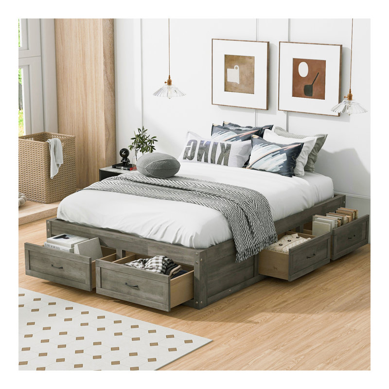 Lit plateforme double avec 6 tiroirs de rangement, gris antique
