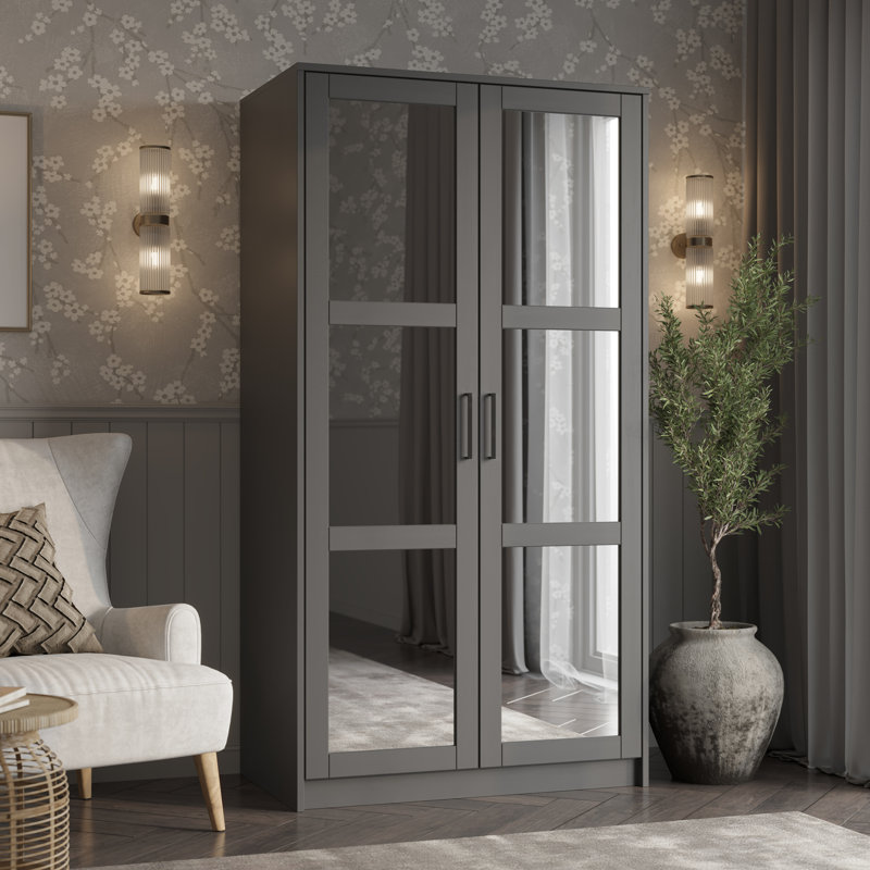 Armoire-penderie à miroir 100% en bois massif 2 portes, Gris