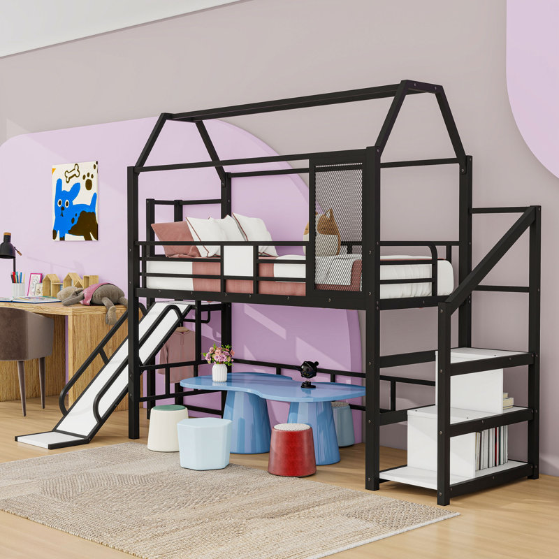 House Loft Bed With Slide And Stairs, Twin, Black