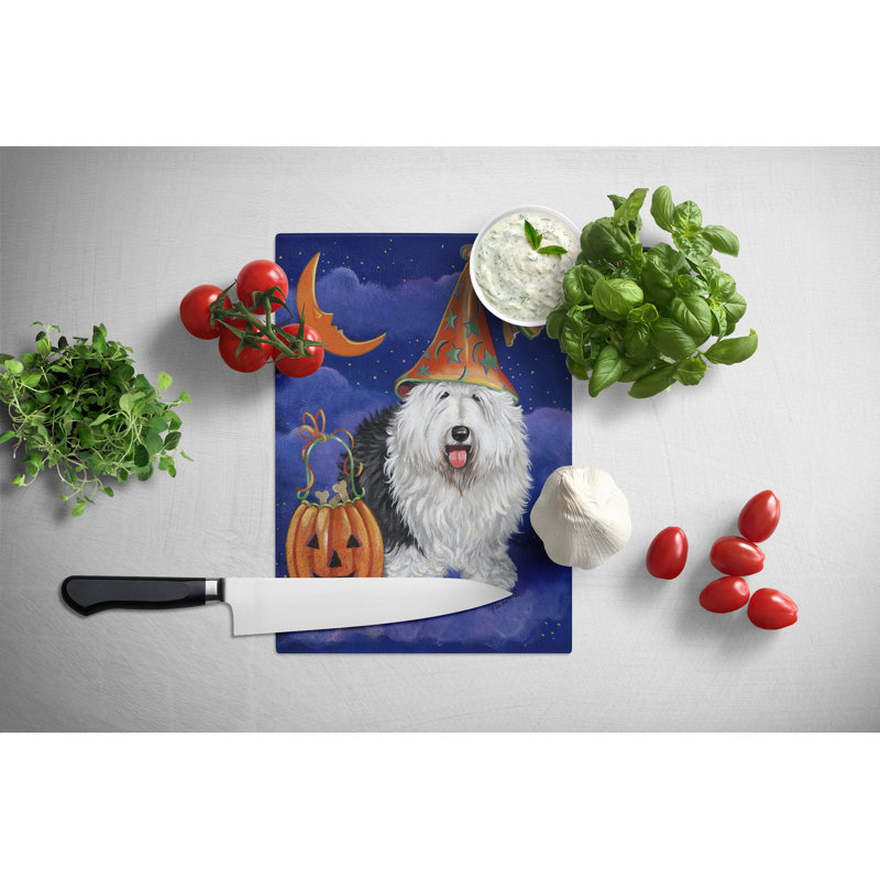 Beagle Halloweenie Glass Cutting Board Large-Halloween, Old English Sheepdog