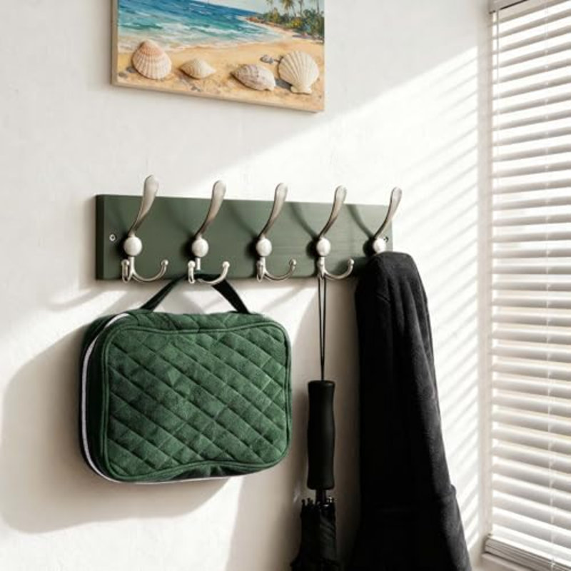 Porte-manteau mural en bois massif vert forêt Creations, 5 crochets, 42,9 cm de long - Cuisine, buanderie, entrée, salle de bain - Matériel de fixation inclus, porte-manteau mural, porte-serviettes