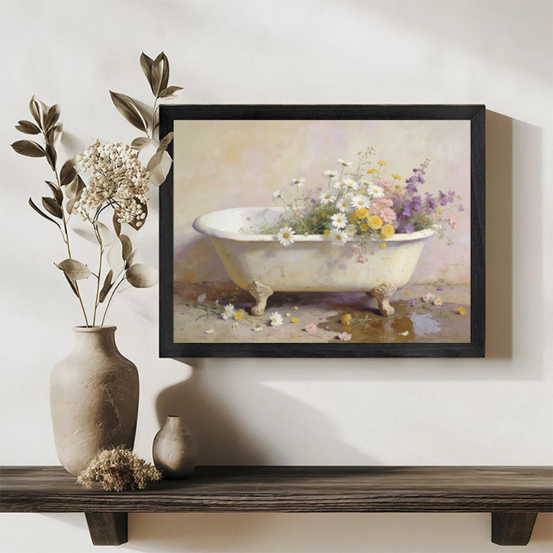 Art mural rétro noir avec baignoire florale rétro, impressions de style réalisme classique, H 25 po x l 37 po