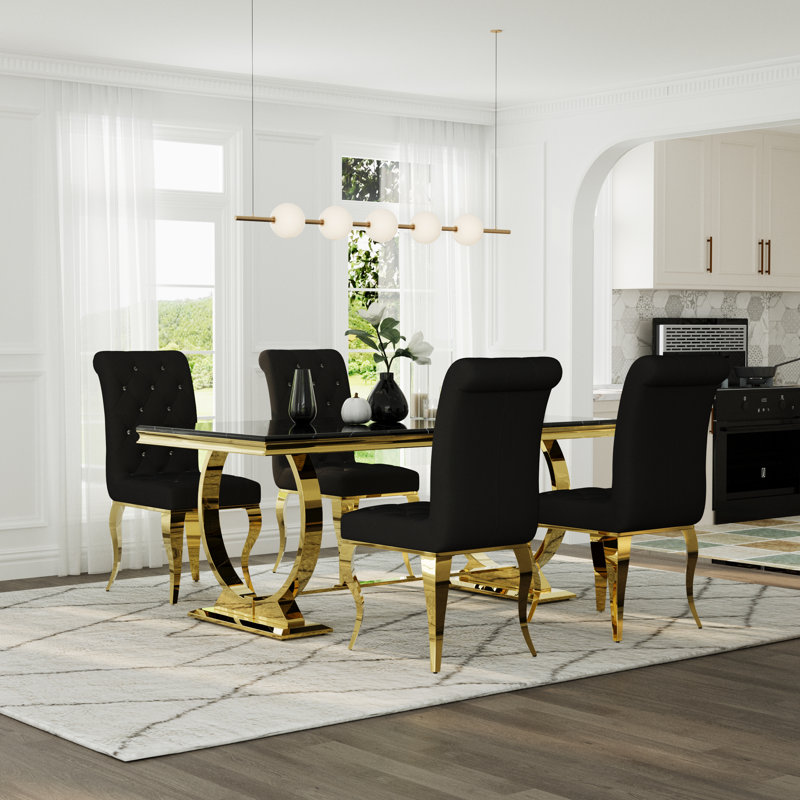 Luxury Black And Gold Dining Table Set With Black Velvet Dining Chairs, 5