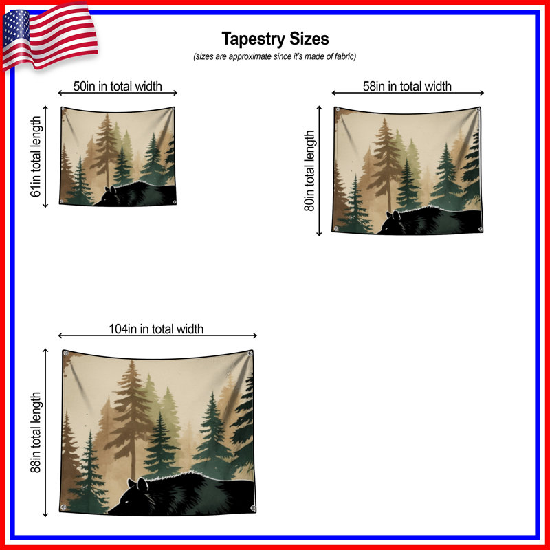 Tapisserie murale silhouette d'ours en forêt - Décoration murale ours, H 68 po x l 80 po avec 4 œillets