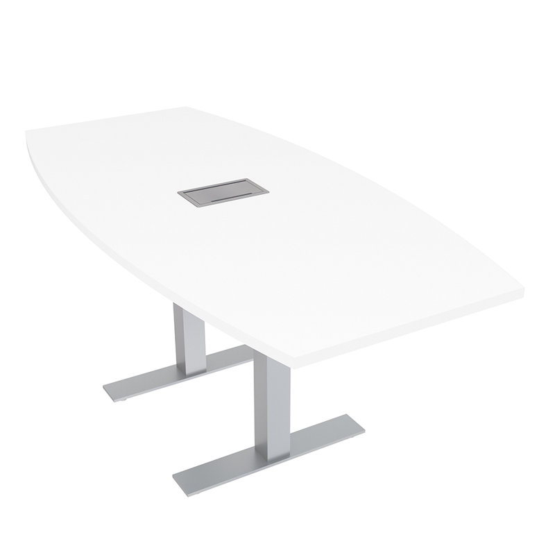 Table de conférence en forme de bateau avec base en T en métal | Unité électrique, L 72 po x l 36 po, Blanc classique
