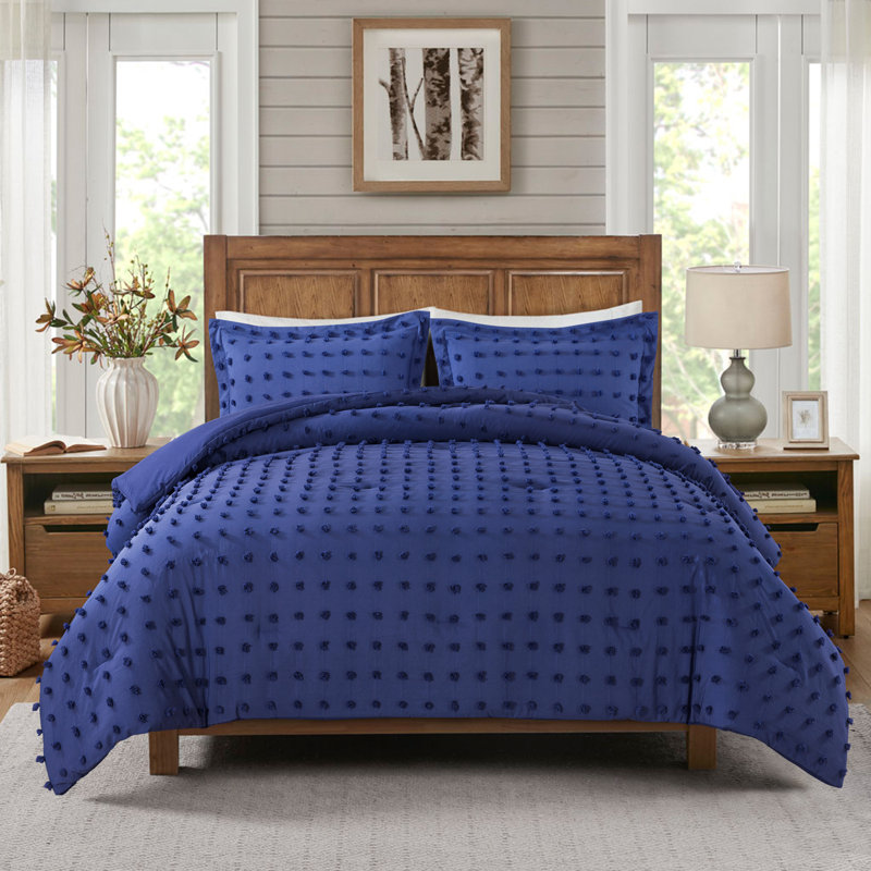 Ring Stitch Comforter, Queen Comforter + 2 Standard  Shams, Navy