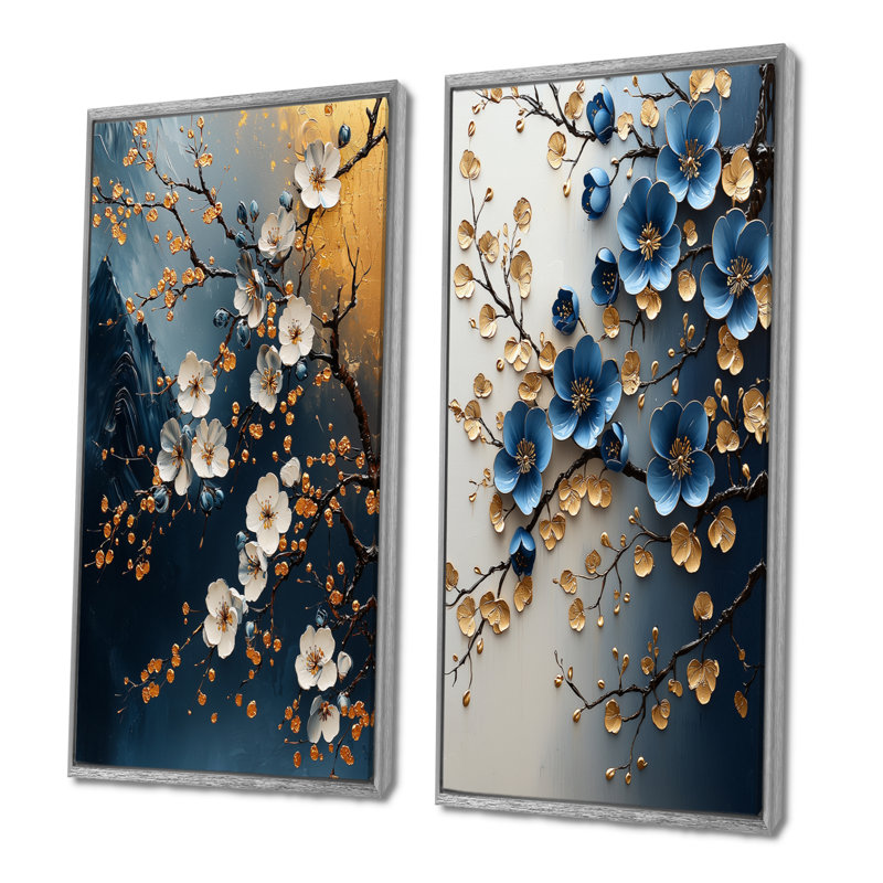 Or et bleu cerisier en fleurs, paysage I - ensemble d'art mural 2 fleurs de cerisier, H 40 po x l 40 po, Encadrement argenté